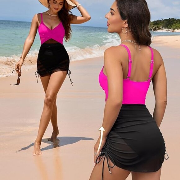 Blooming Jelly Twist Front One Piece Swim Dress Pink & Black Medium - Picture 3 of 6